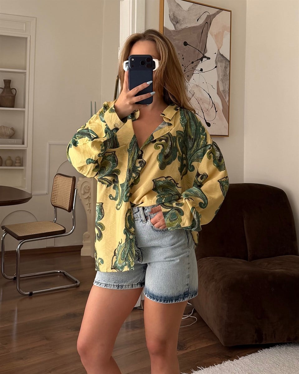 Sarı Yeşil Paisley Desenli Oversize Gömlek