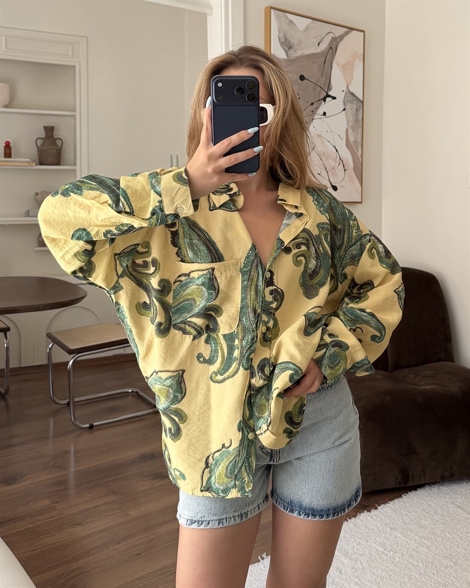 Sarı Yeşil Paisley Desenli Oversize Gömlek