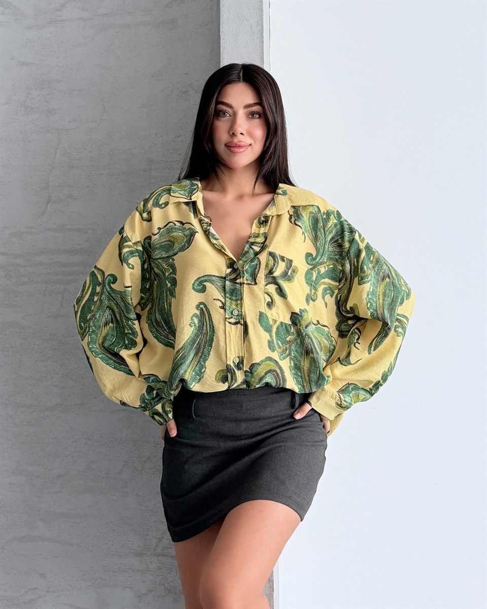 Sarı Yeşil Paisley Desenli Oversize Gömlek