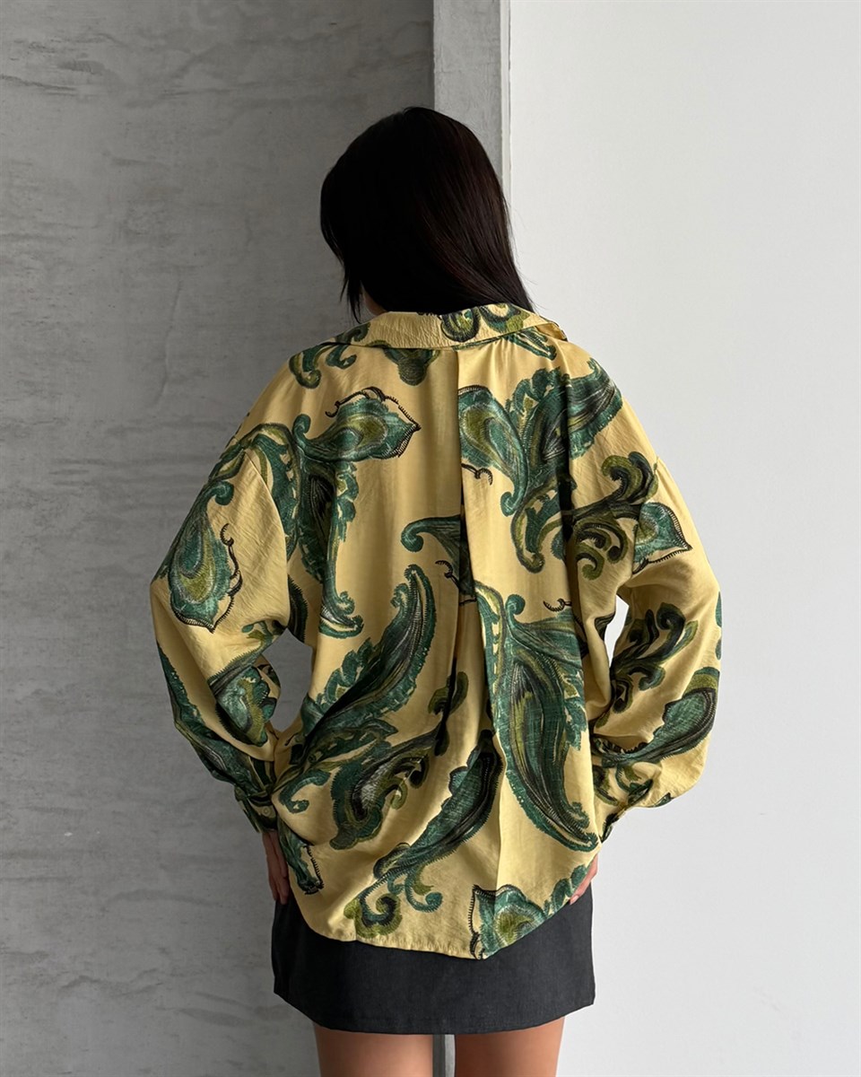Sarı Yeşil Paisley Desenli Oversize Gömlek