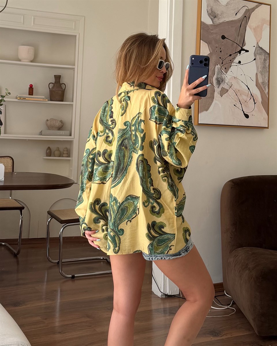 Sarı Yeşil Paisley Desenli Oversize Gömlek