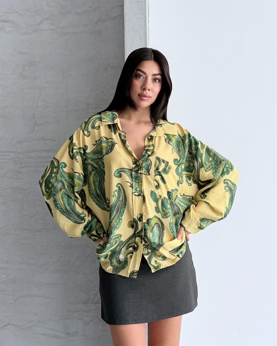 Sarı Yeşil Paisley Desenli Oversize Gömlek
