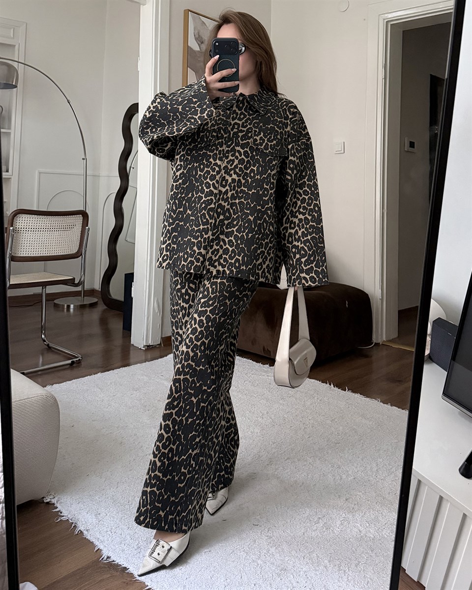 Savage Leopar Desenli Gömlek Pantolon Takım