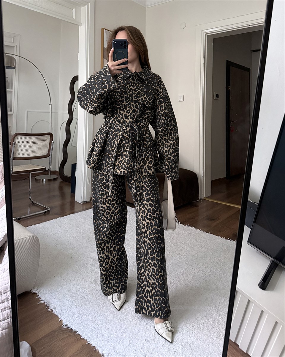 Savage Leopar Desenli Gömlek Pantolon Takım