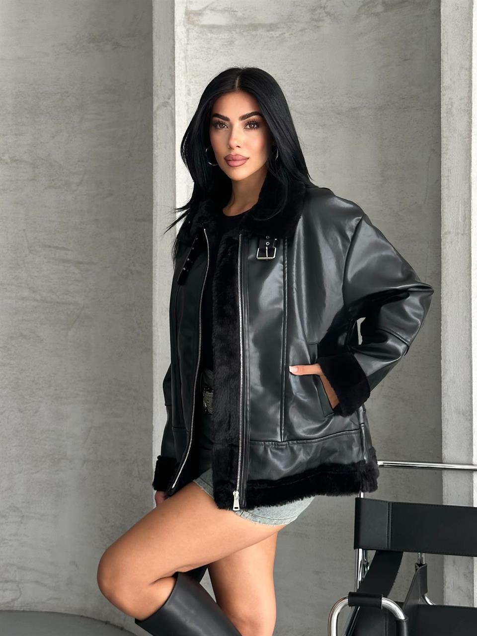 Shiny Siyah Deri Ceket