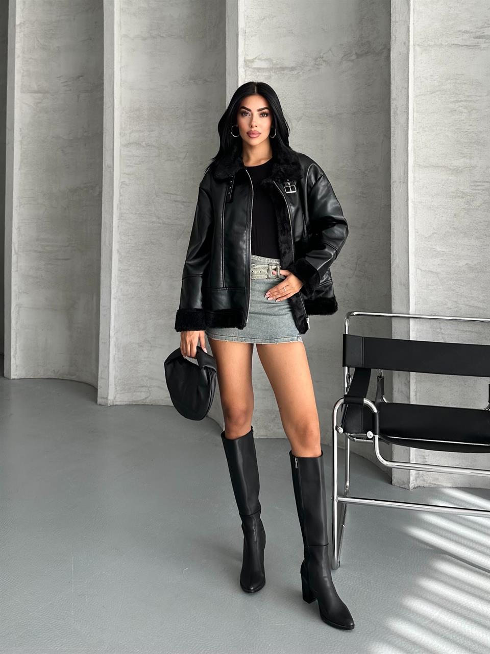 Shiny Siyah Deri Ceket