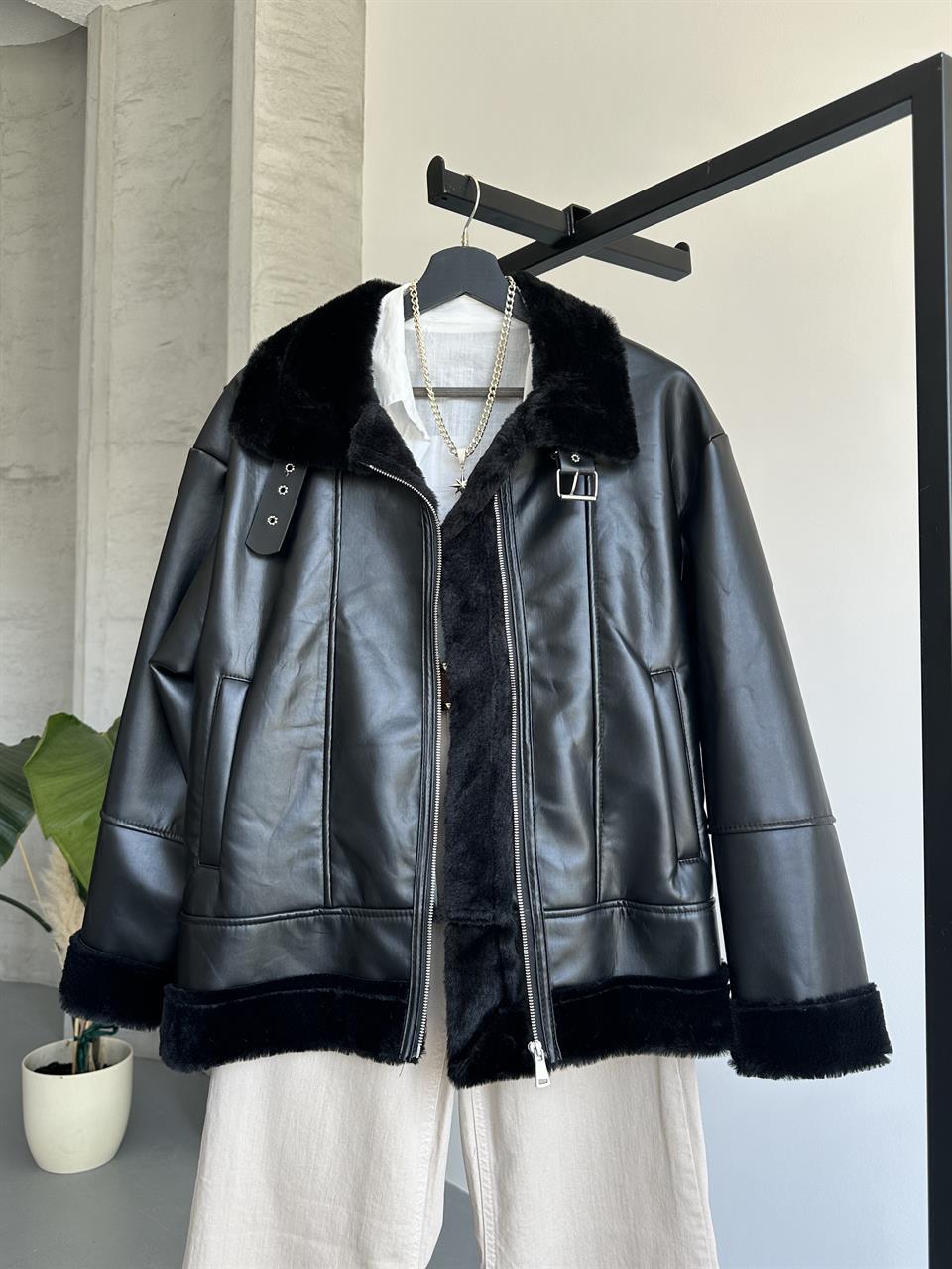 Shiny Siyah Deri Ceket