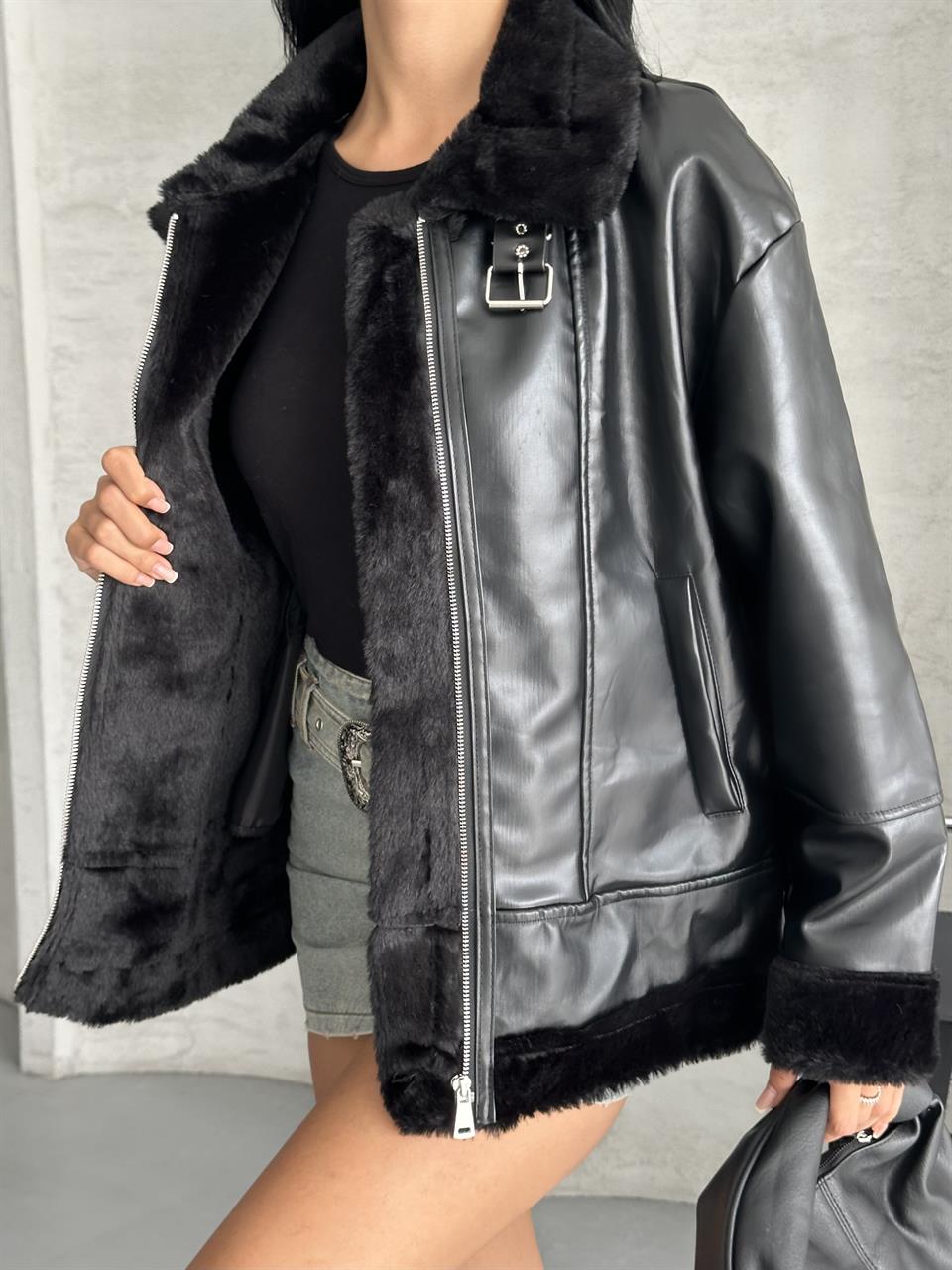 Shiny Siyah Deri Ceket