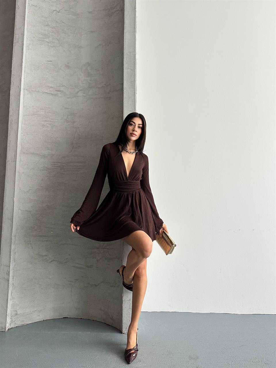 Taşlı Şort Astarlı Kahverengi Mini Elbise