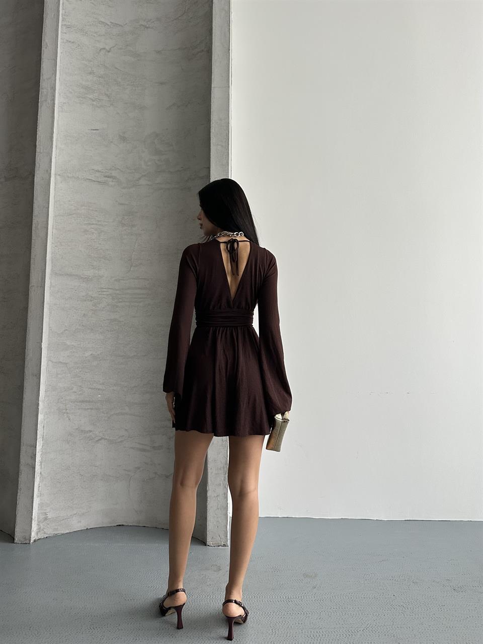 Taşlı Şort Astarlı Kahverengi Mini Elbise