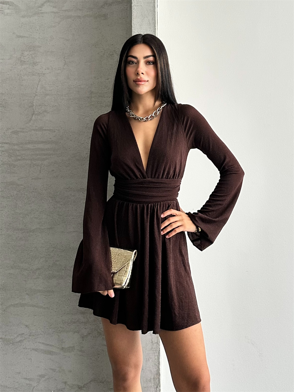 Taşlı Şort Astarlı Kahverengi Mini Elbise