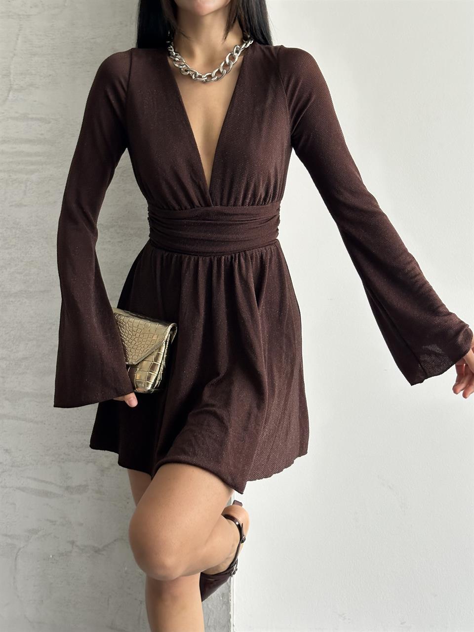 Taşlı Şort Astarlı Kahverengi Mini Elbise