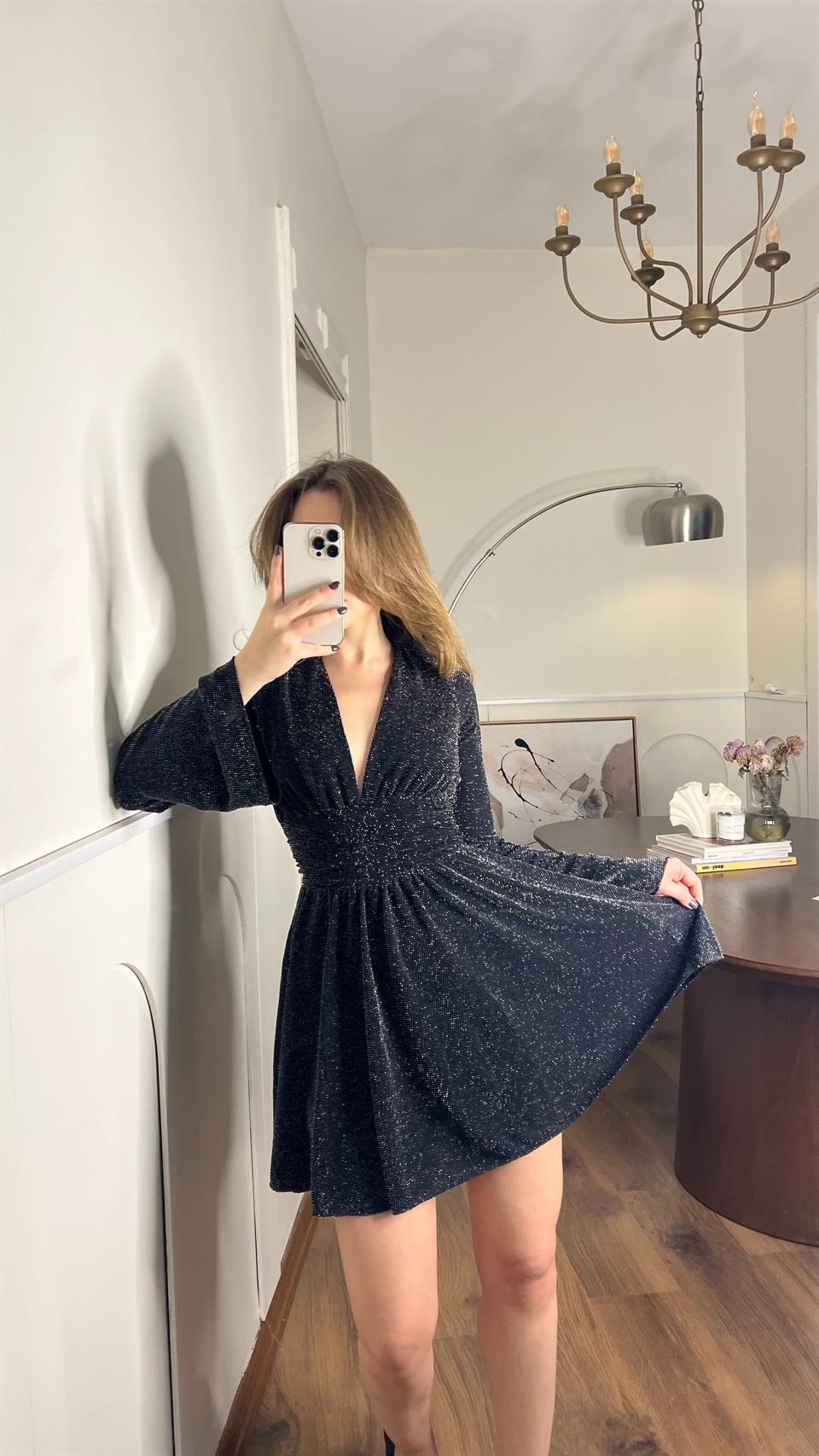 Taşlı Şort Astarlı Siyah Mini Elbise