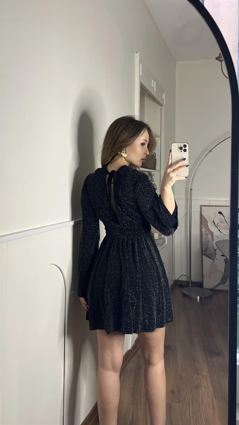 Taşlı Şort Astarlı Siyah Mini Elbise