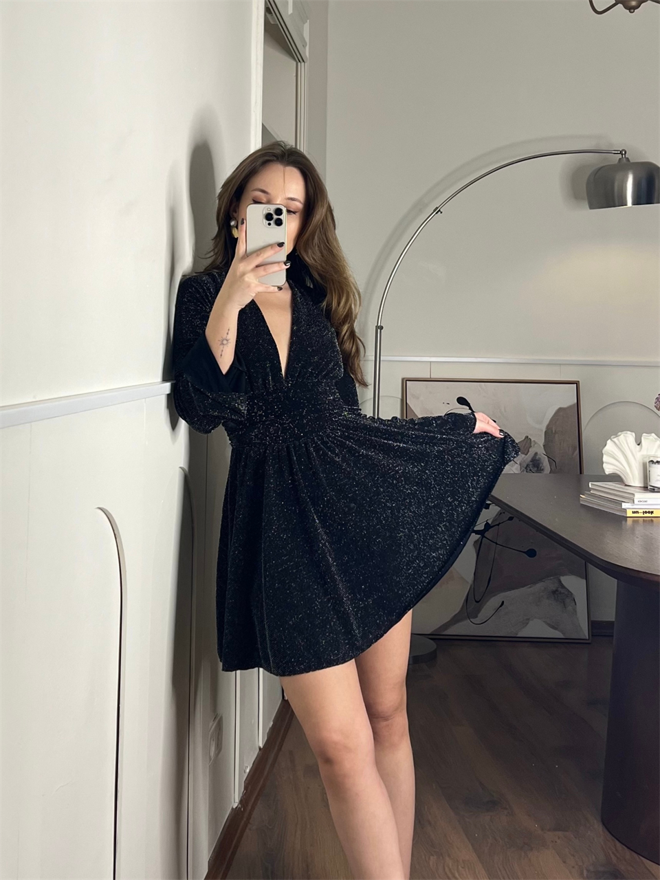 Taşlı Şort Astarlı Siyah Mini Elbise