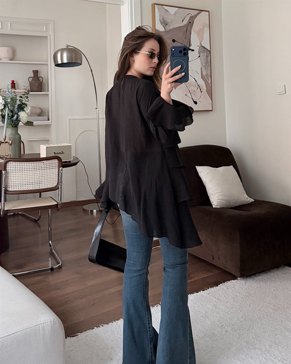 Siyah Asimetrik Şifon Bluz