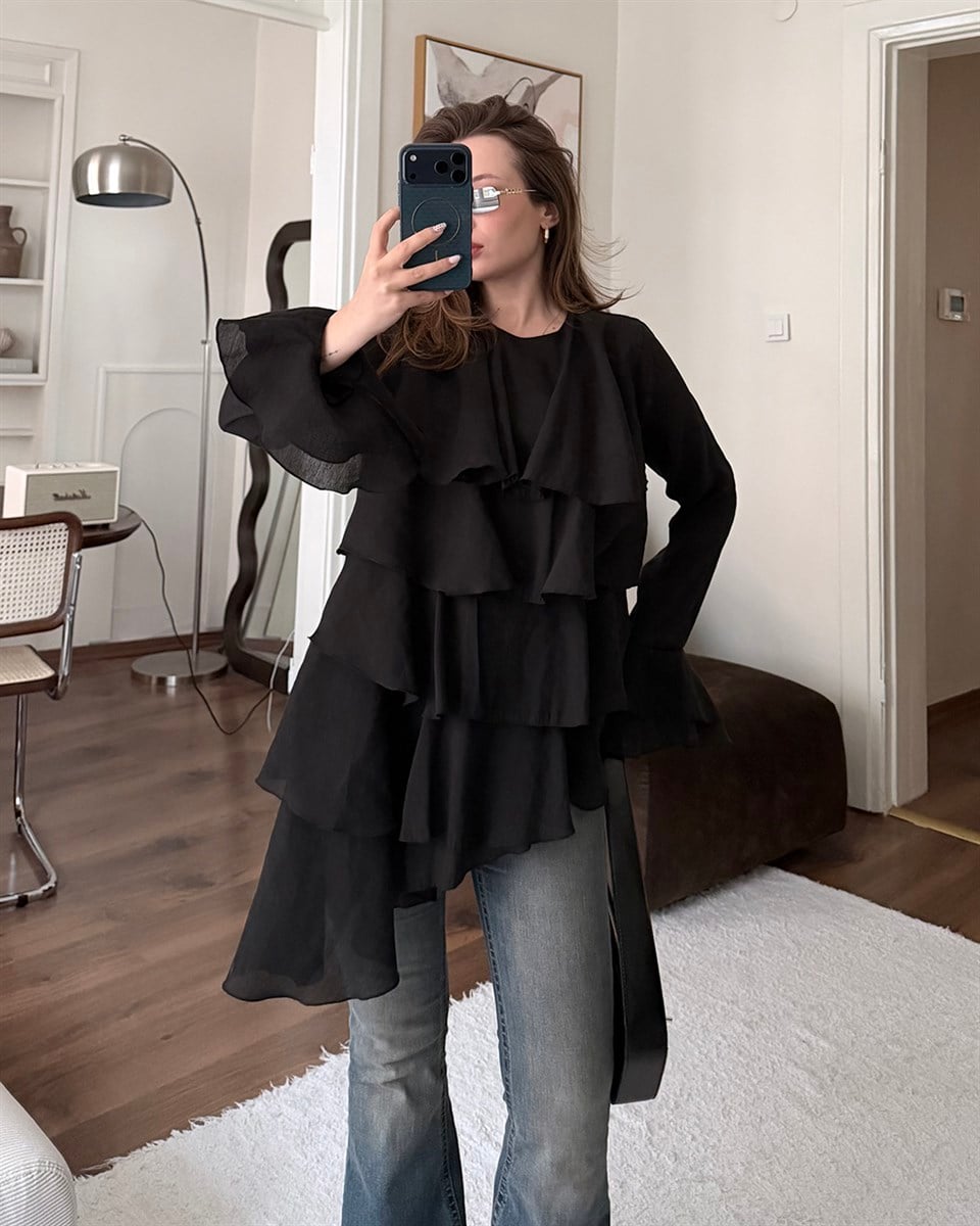 Siyah Asimetrik Şifon Bluz