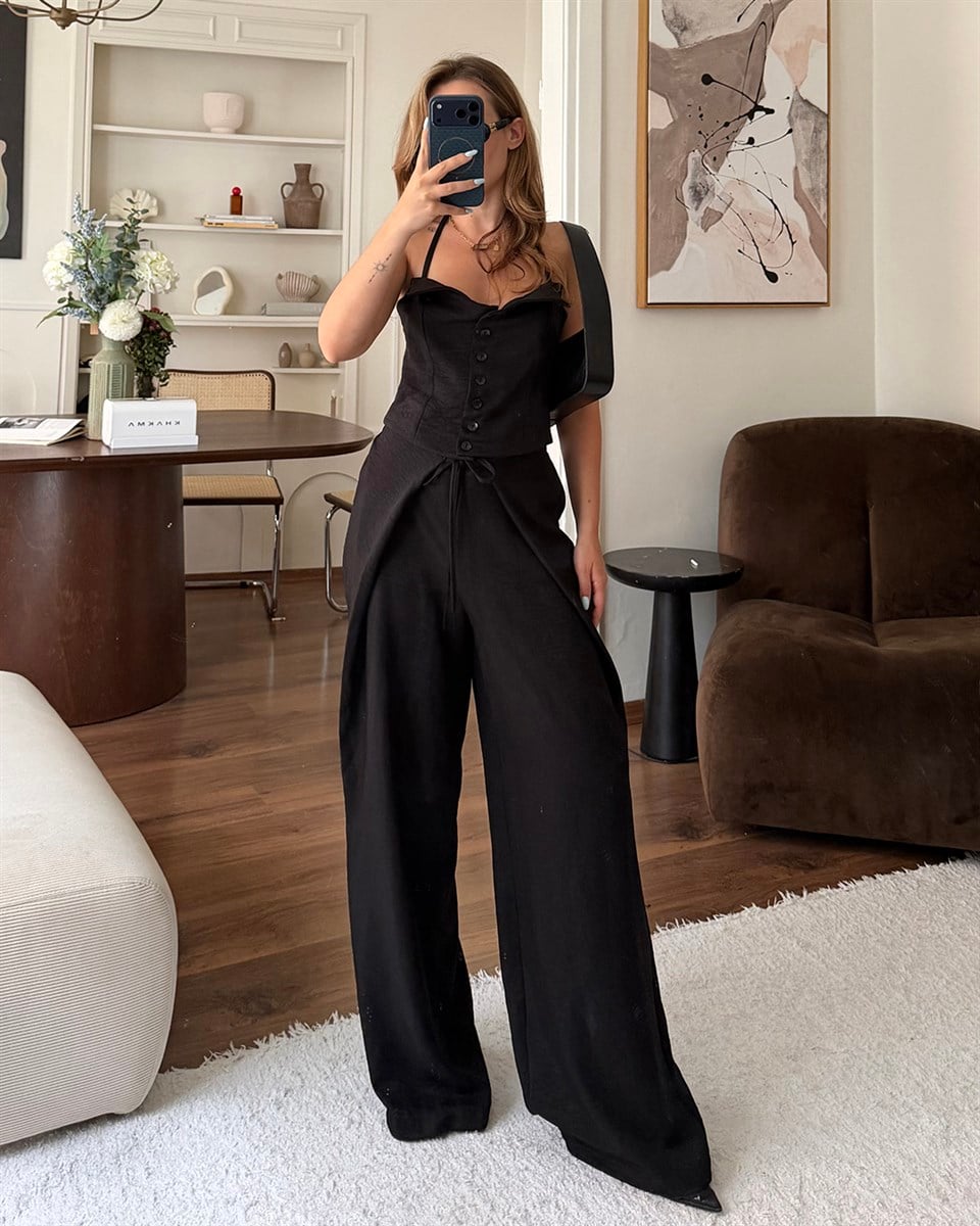 Siyah Askılı Büstiyer Pantolon Takım