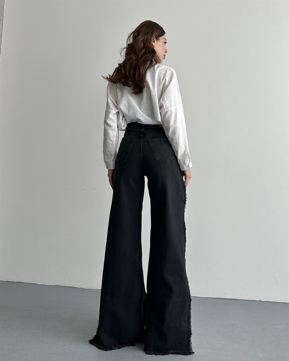 Siyah Boydan Yırtmaçlı Wide Leg Jean