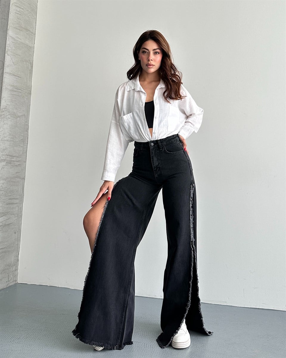 Siyah Boydan Yırtmaçlı Wide Leg Jean