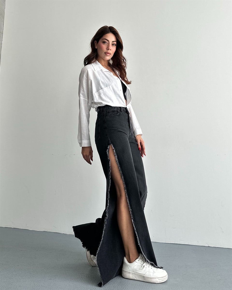 Siyah Boydan Yırtmaçlı Wide Leg Jean