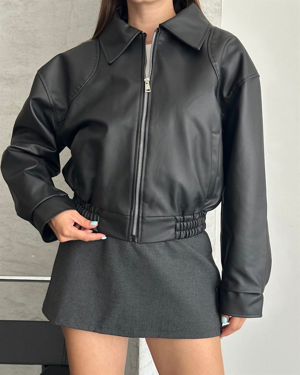 Siyah Deri Bomber Ceket