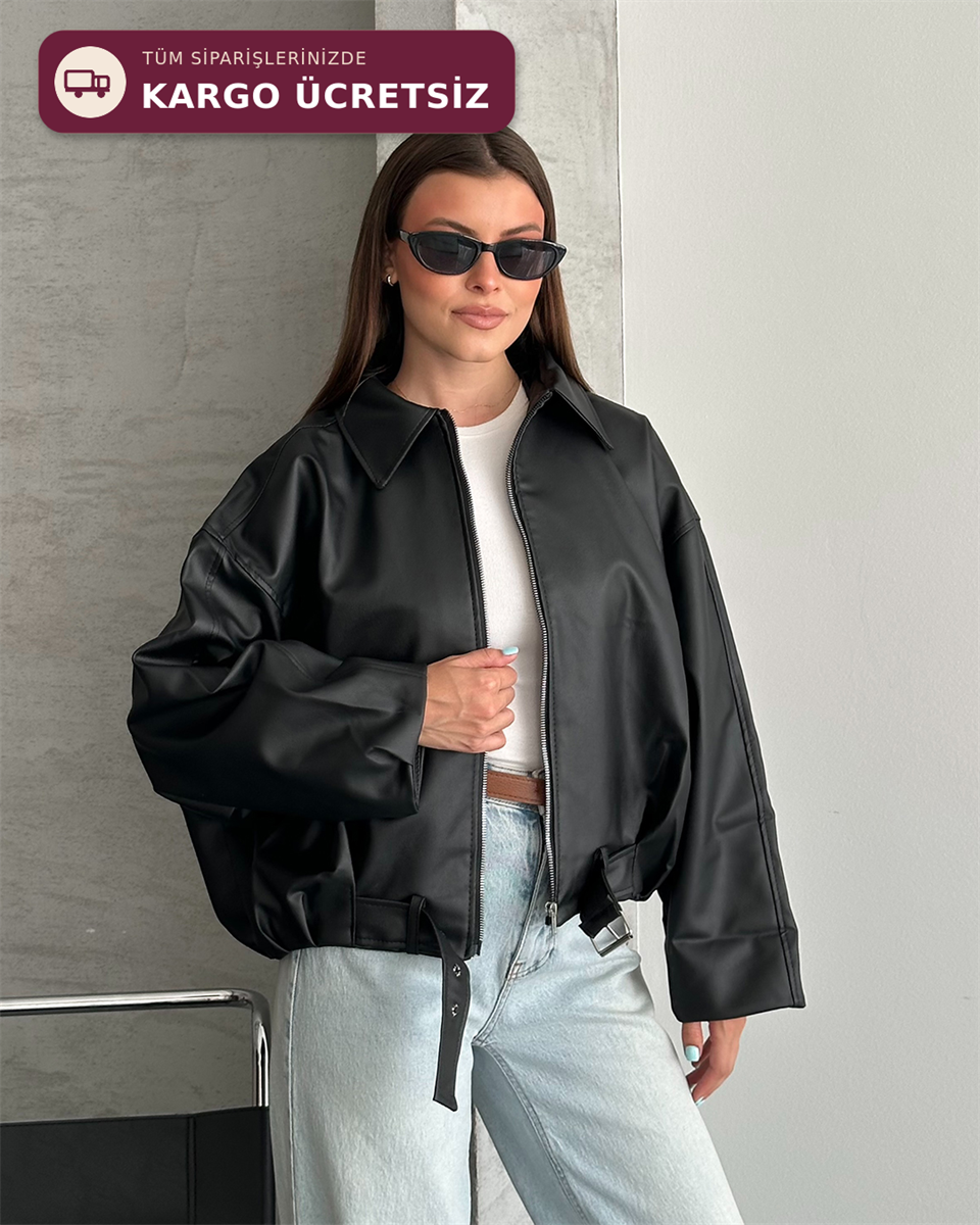 Siyah Deri Bomber Ceket