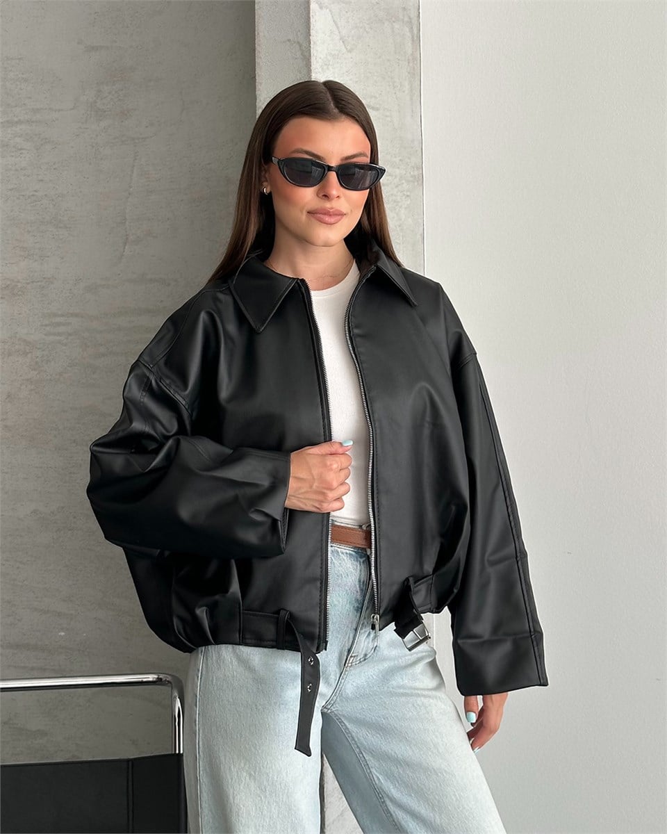 Siyah Deri Bomber Ceket