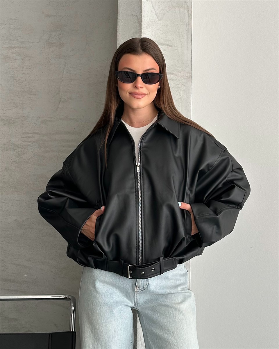 Siyah Deri Bomber Ceket