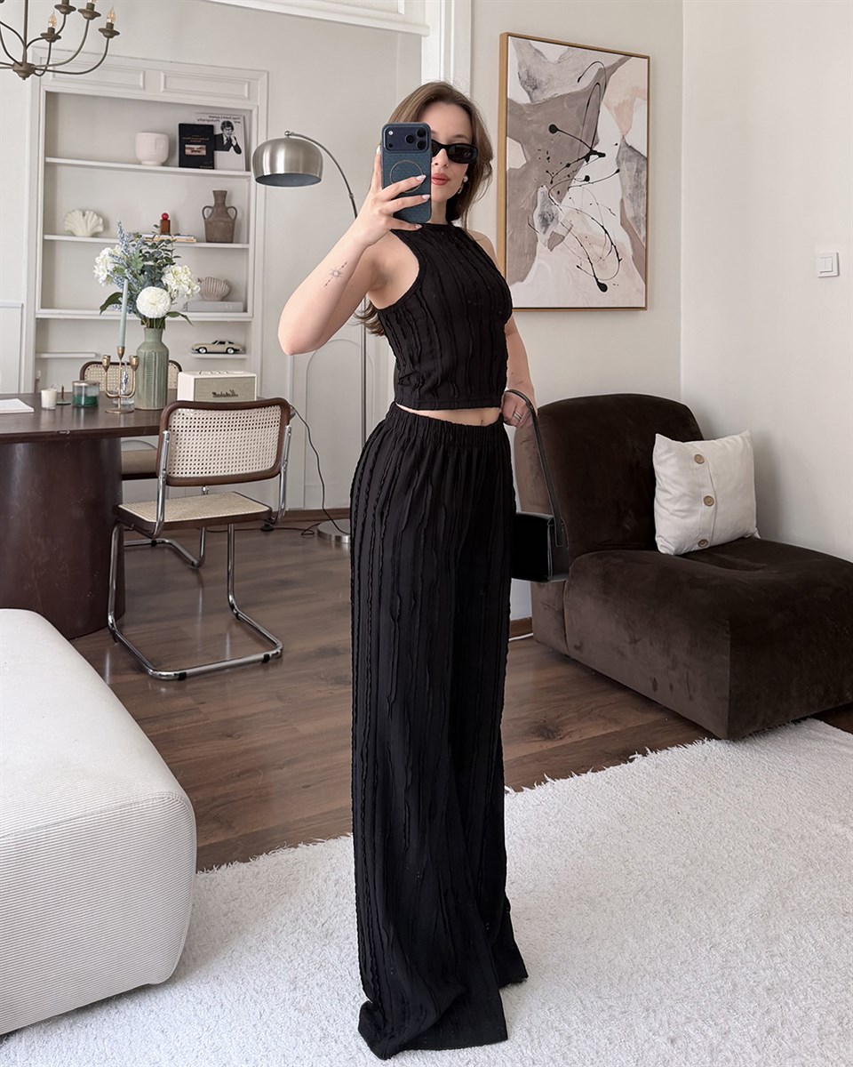 Siyah Fitilli Crop Bluz Palazzo Pantolon Takım