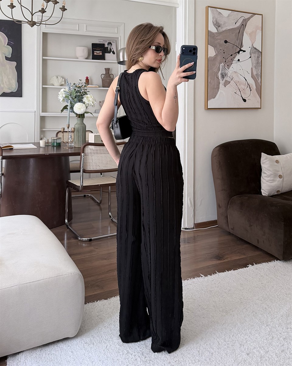 Siyah Fitilli Crop Bluz Palazzo Pantolon Takım