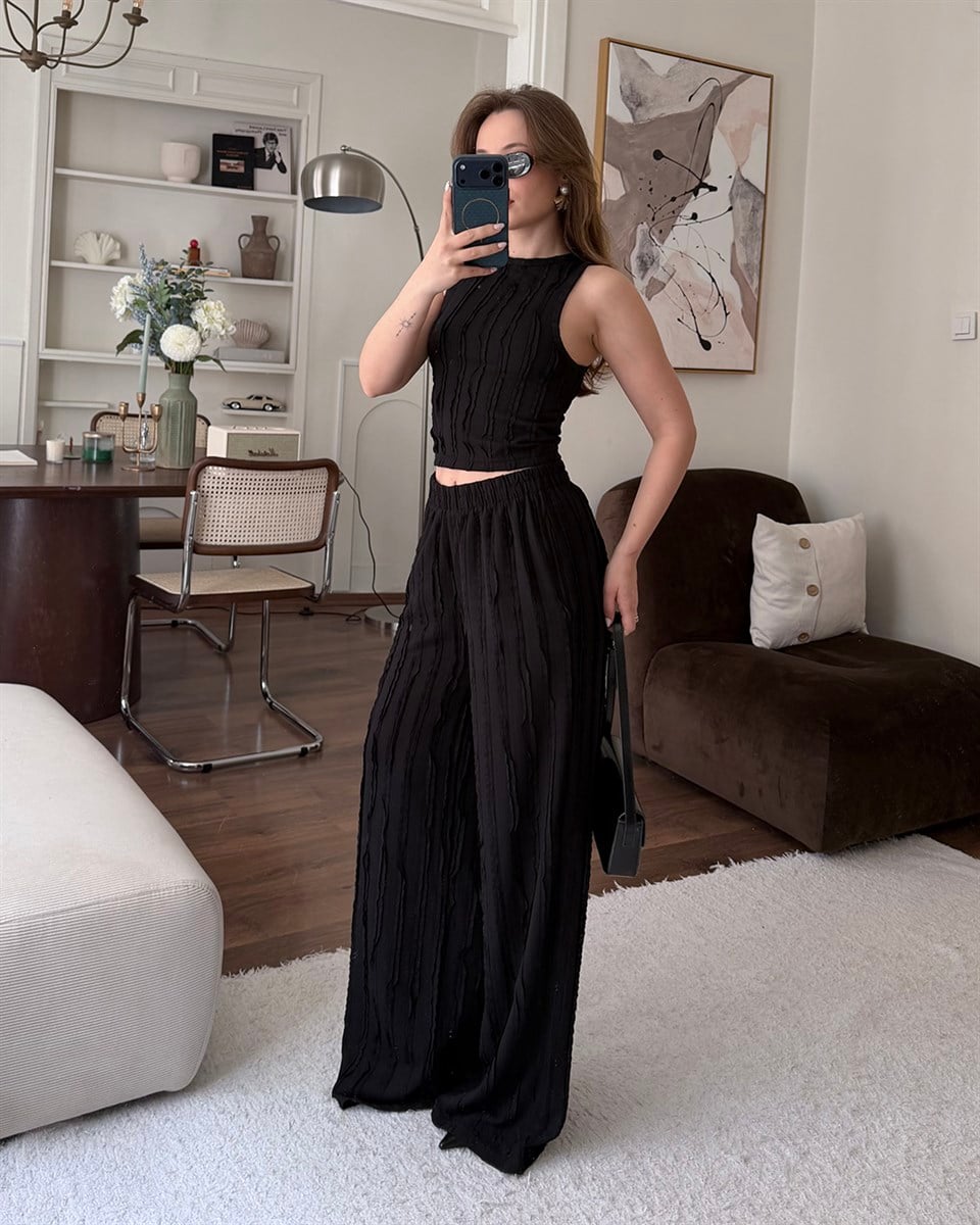 Siyah Fitilli Crop Bluz Palazzo Pantolon Takım