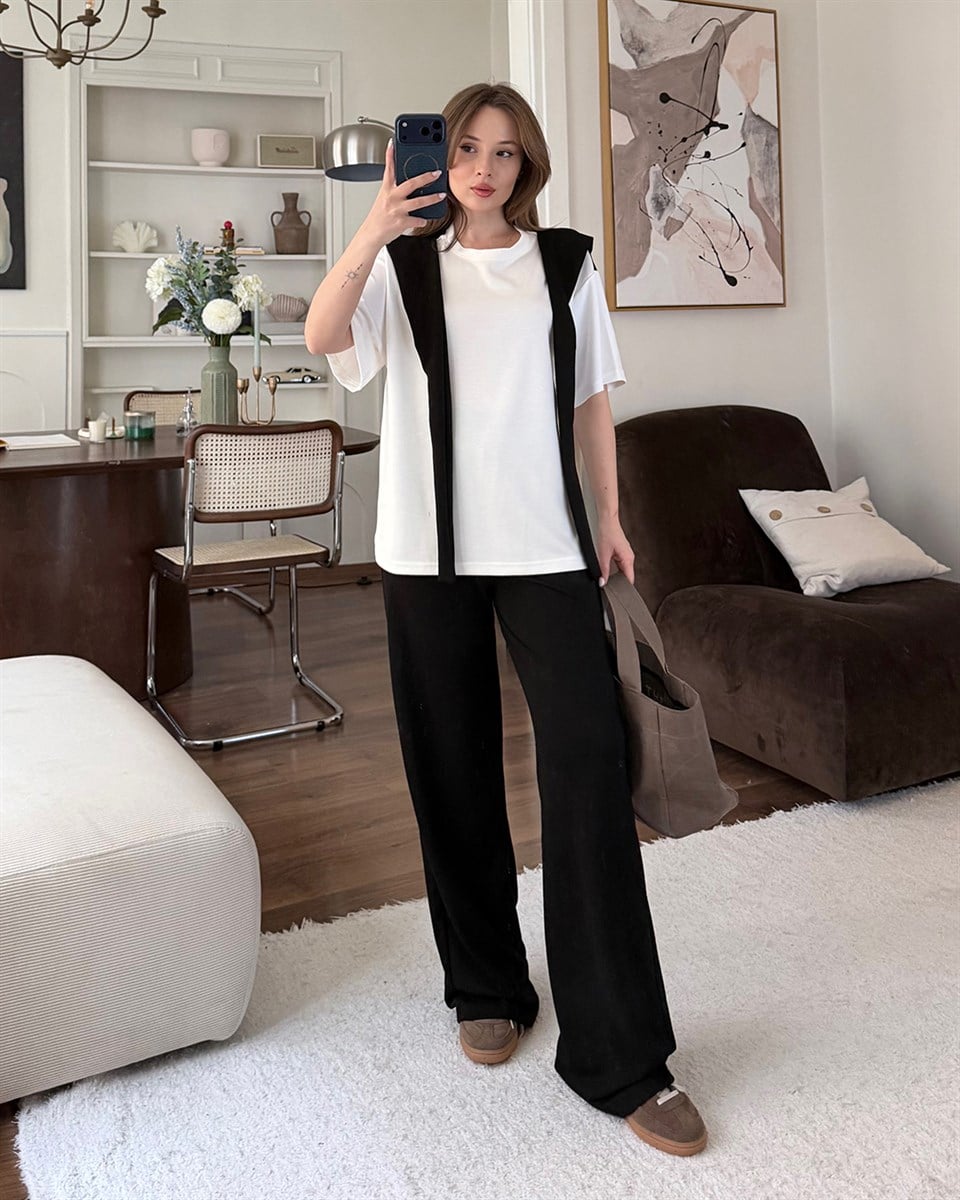 Siyah Fular Detaylı İkili Takım