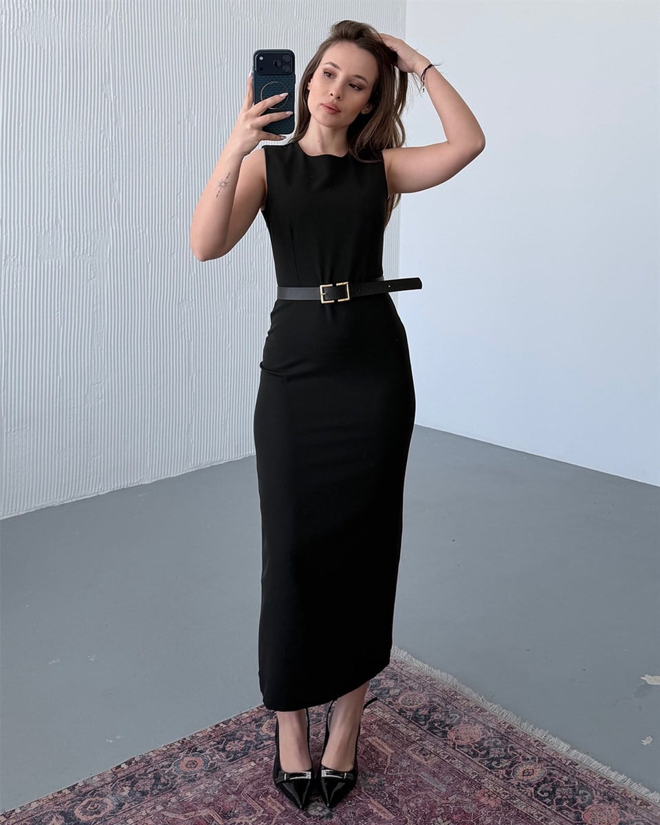 Siyah Kalem Midi Elbise
