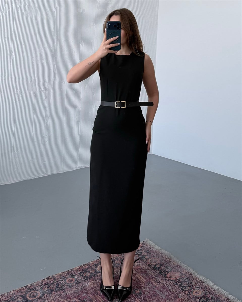 Siyah Kalem Midi Elbise