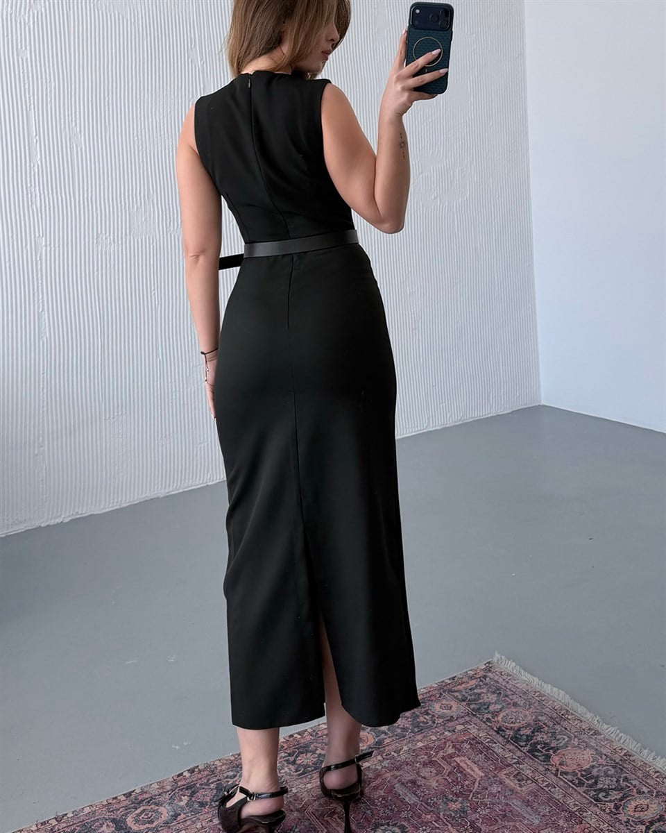 Siyah Kalem Midi Elbise