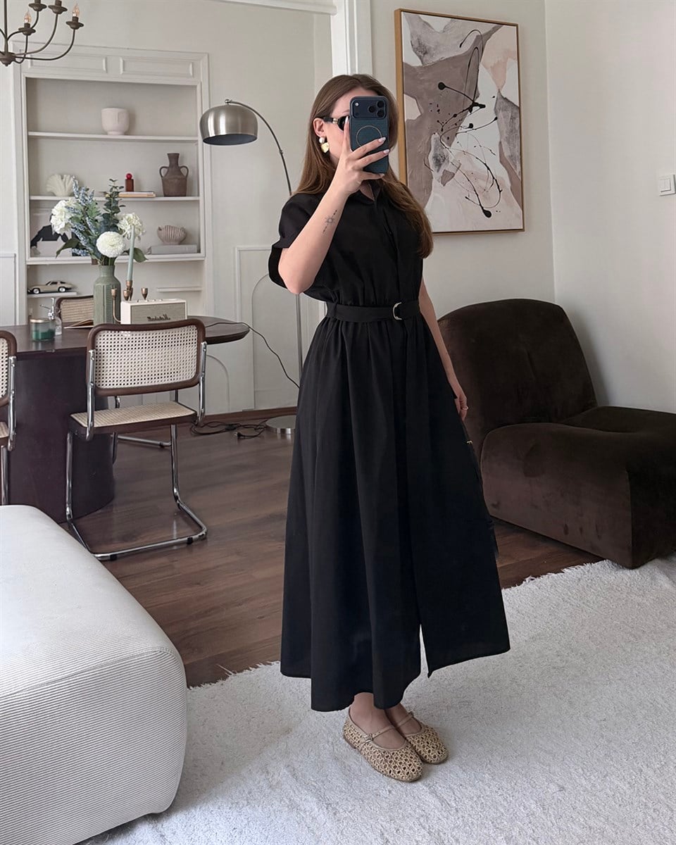 Siyah Kemerli Midi Elbise