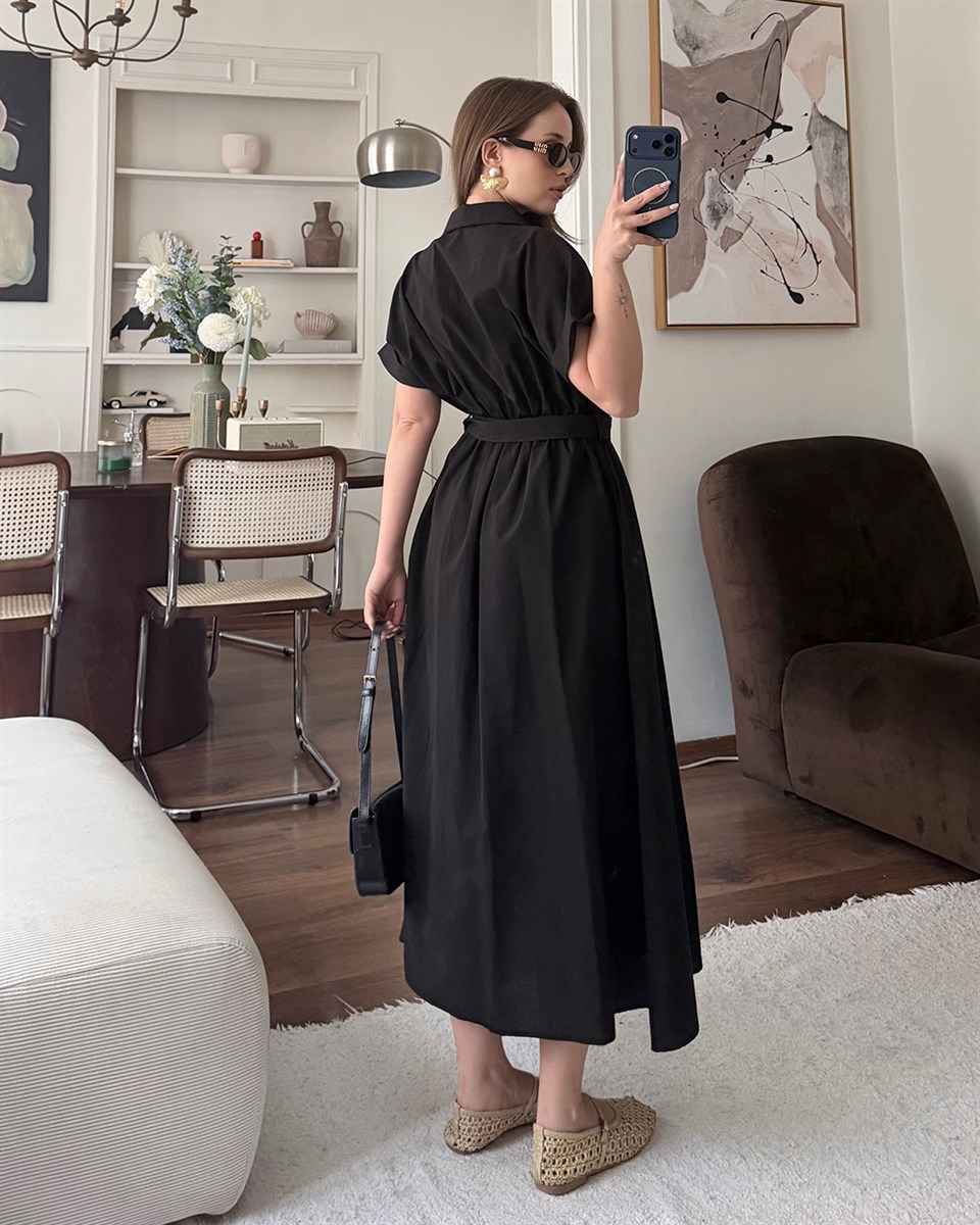 Siyah Kemerli Midi Elbise