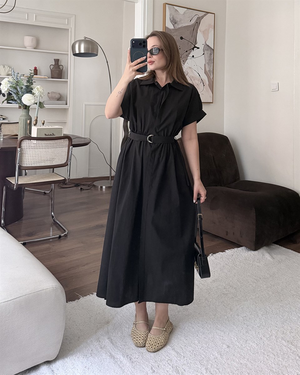 Siyah Kemerli Midi Elbise