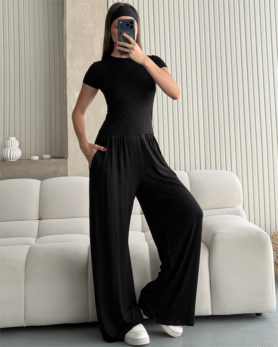 Siyah Kimono Pantolon Bluz Üçlü Takım
