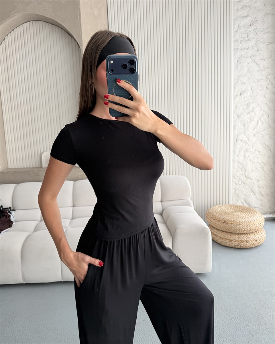 Siyah Kimono Pantolon Bluz Üçlü Takım