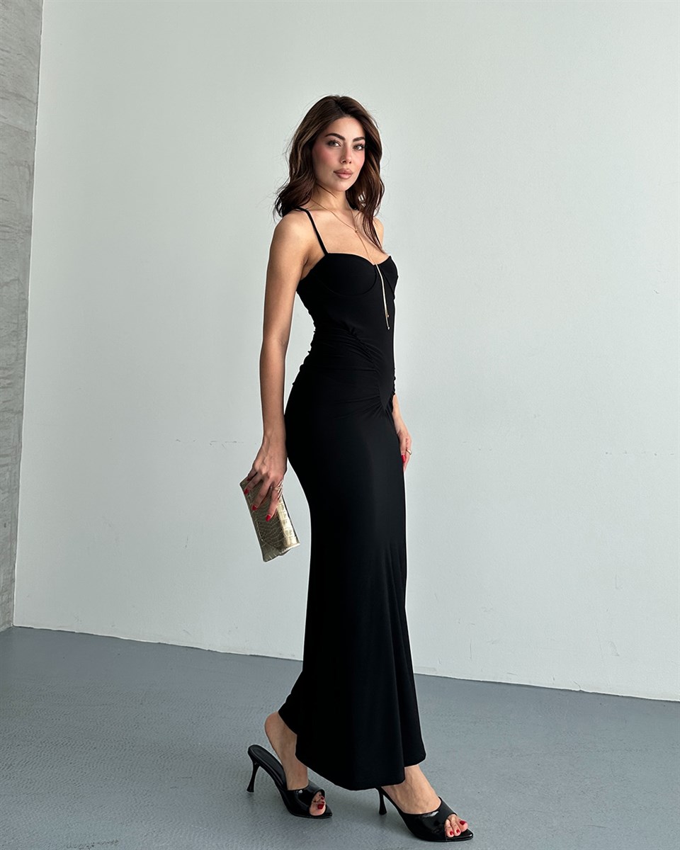 Siyah Korse Görünümlü Drapeli Elbise