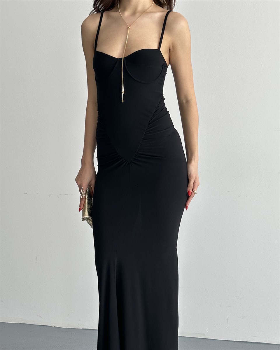 Siyah Korse Görünümlü Drapeli Elbise