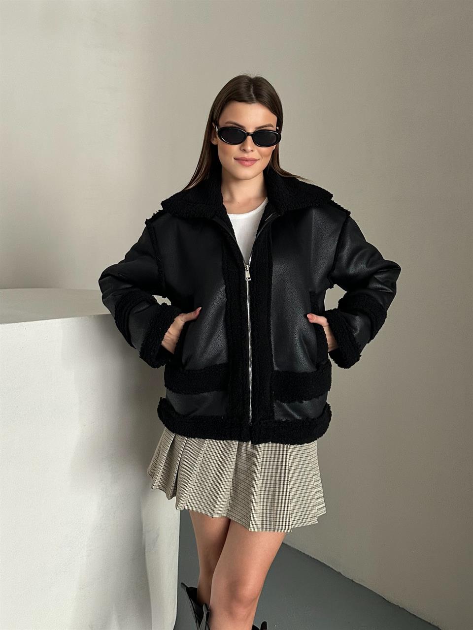 Siyah Peluş Deri Siyah Mont