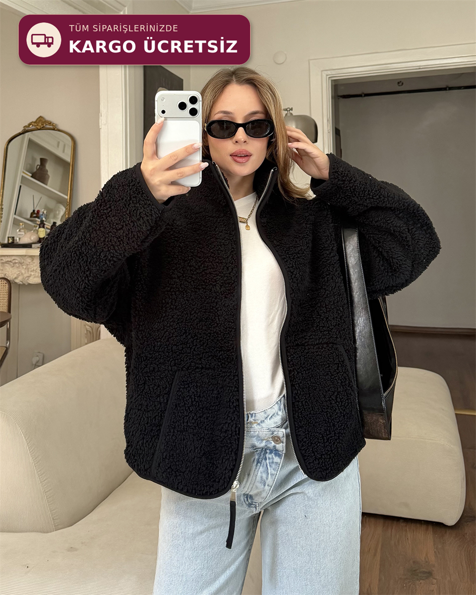 Siyah Peluş Polar Ceket