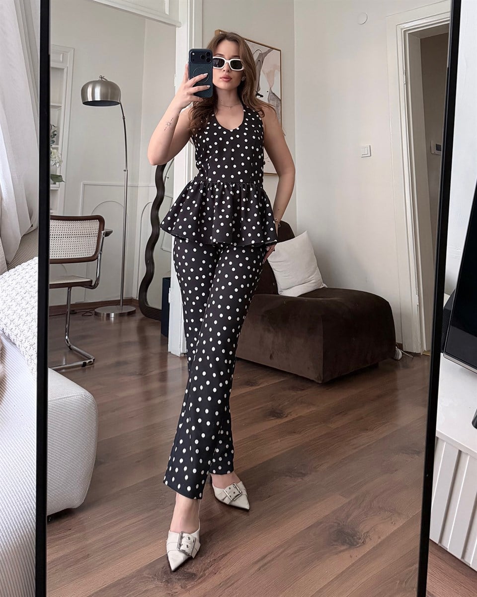 Siyah Puantiyeli Büstiyer Takım