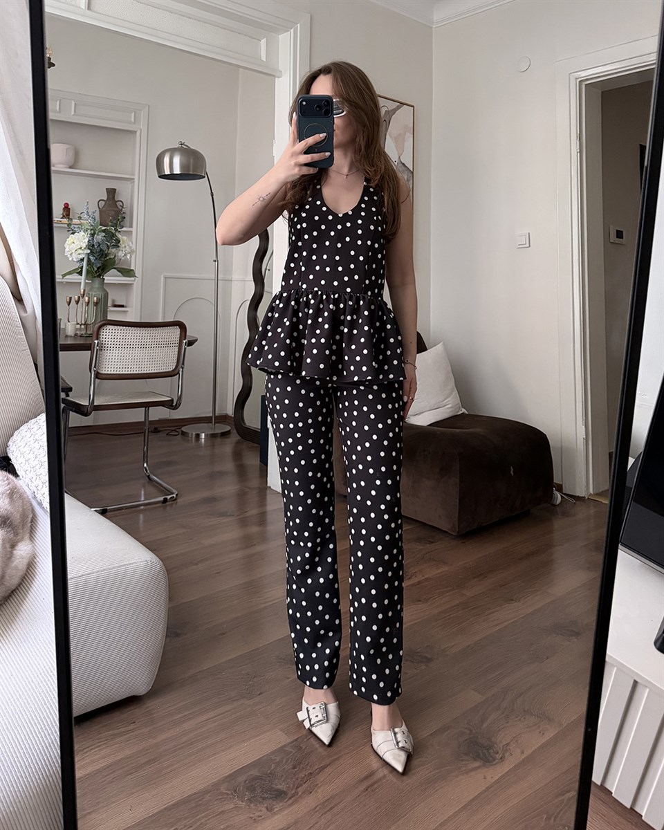 Siyah Puantiyeli Büstiyer Takım