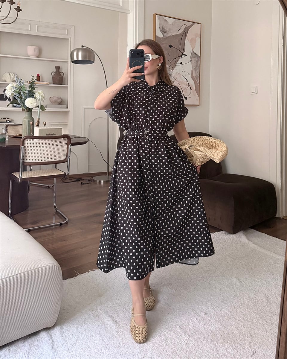 Siyah Puantiyeli Kemerli Midi Elbise 