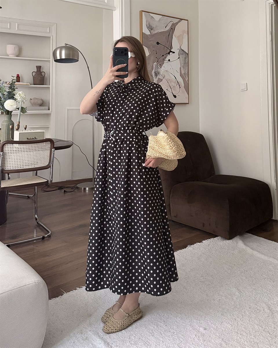 Siyah Puantiyeli Kemerli Midi Elbise 