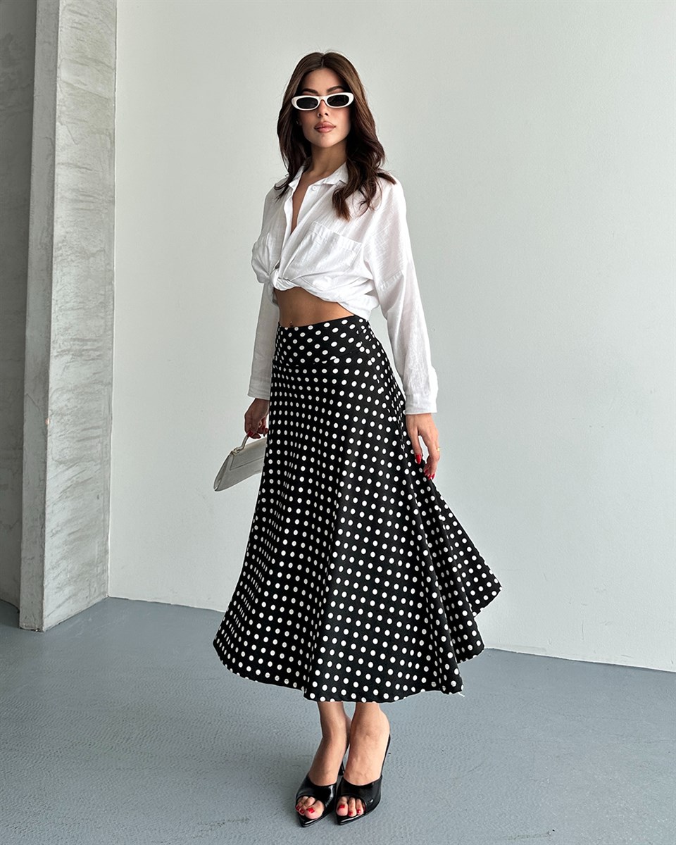 Siyah Puantiyeli Saten Midi Etek